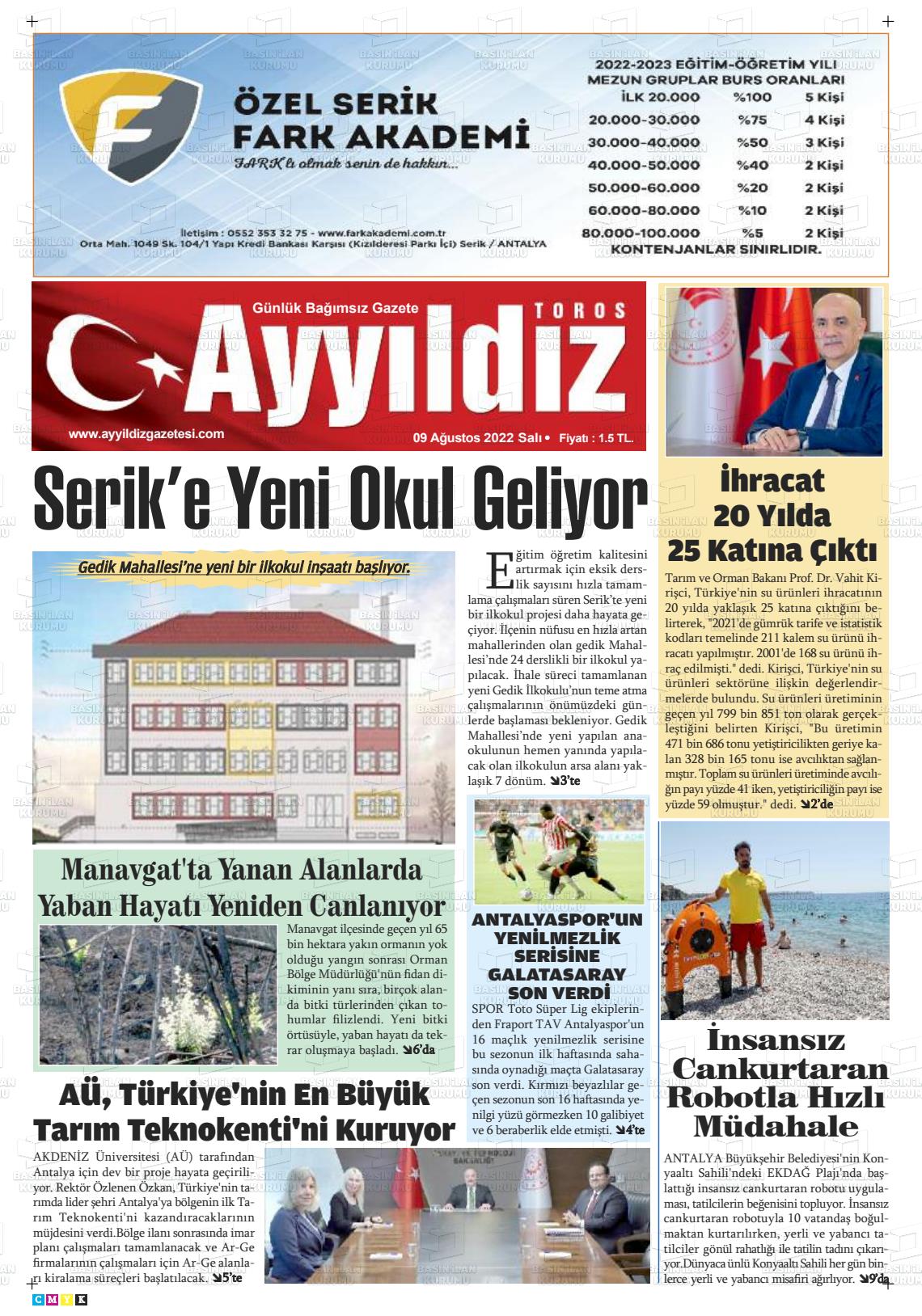 09 Ağustos 2022 Ayyıldız Toros Gazete Manşeti