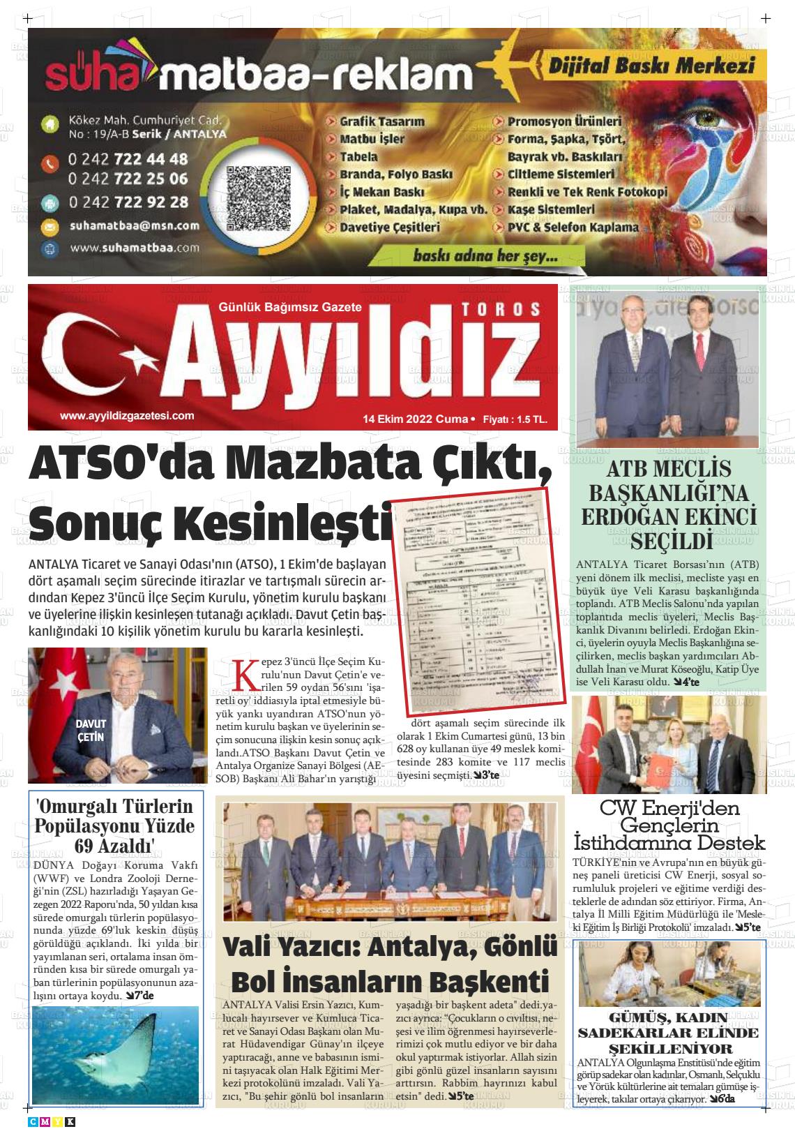 14 Ekim 2022 Ayyıldız Toros Gazete Manşeti