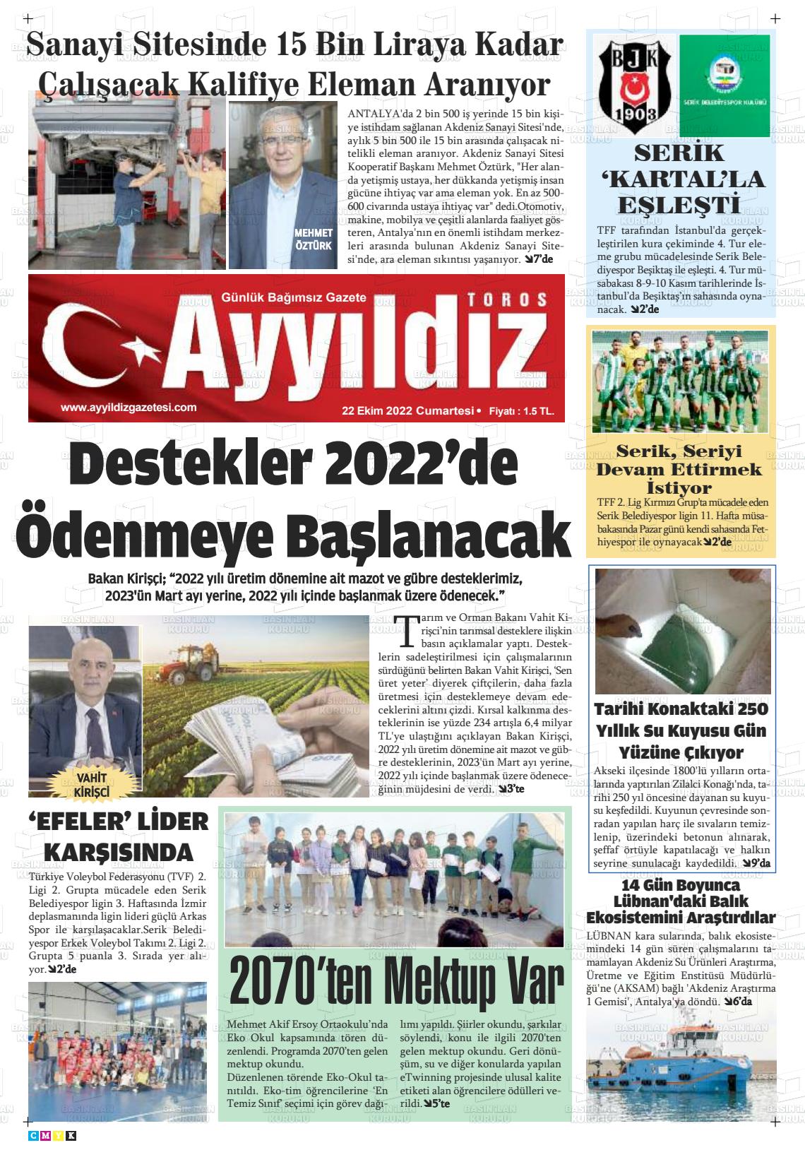 22 Ekim 2022 Ayyıldız Toros Gazete Manşeti