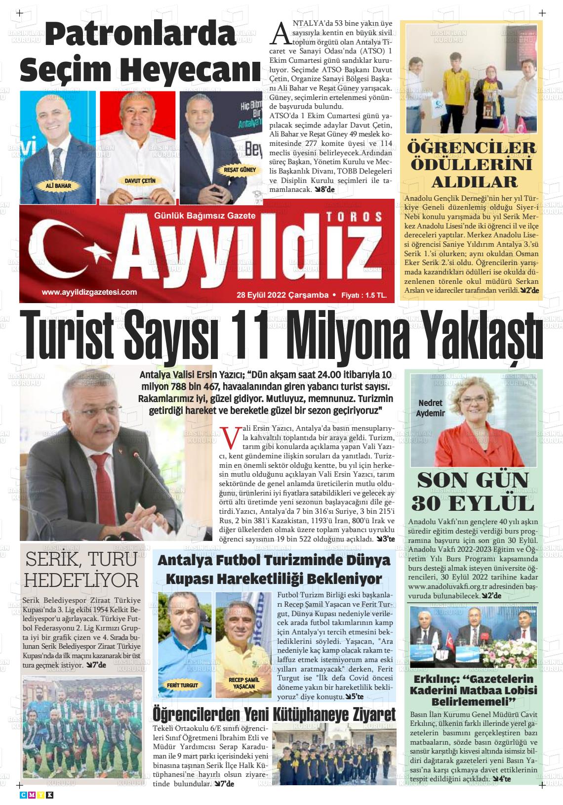 28 Eylül 2022 Ayyıldız Toros Gazete Manşeti