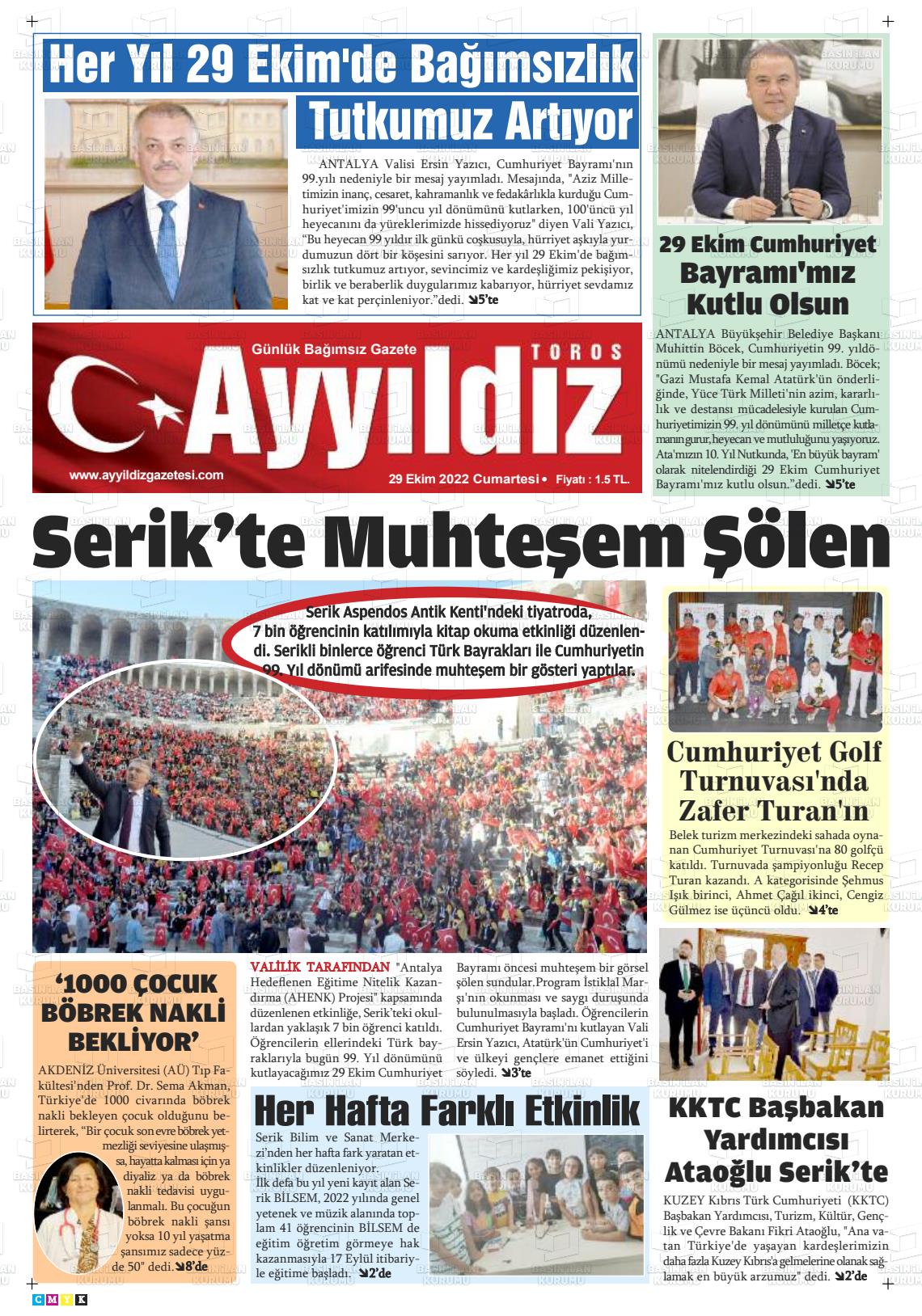 29 Ekim 2022 Ayyıldız Toros Gazete Manşeti