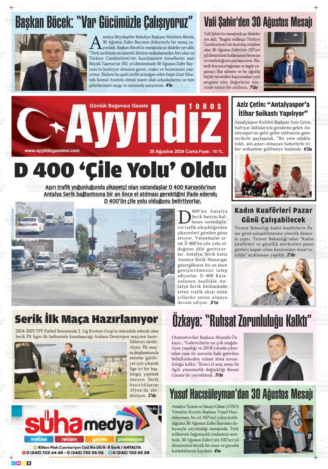 30 Ağustos 2024 Ayyıldız Toros Gazete Manşeti