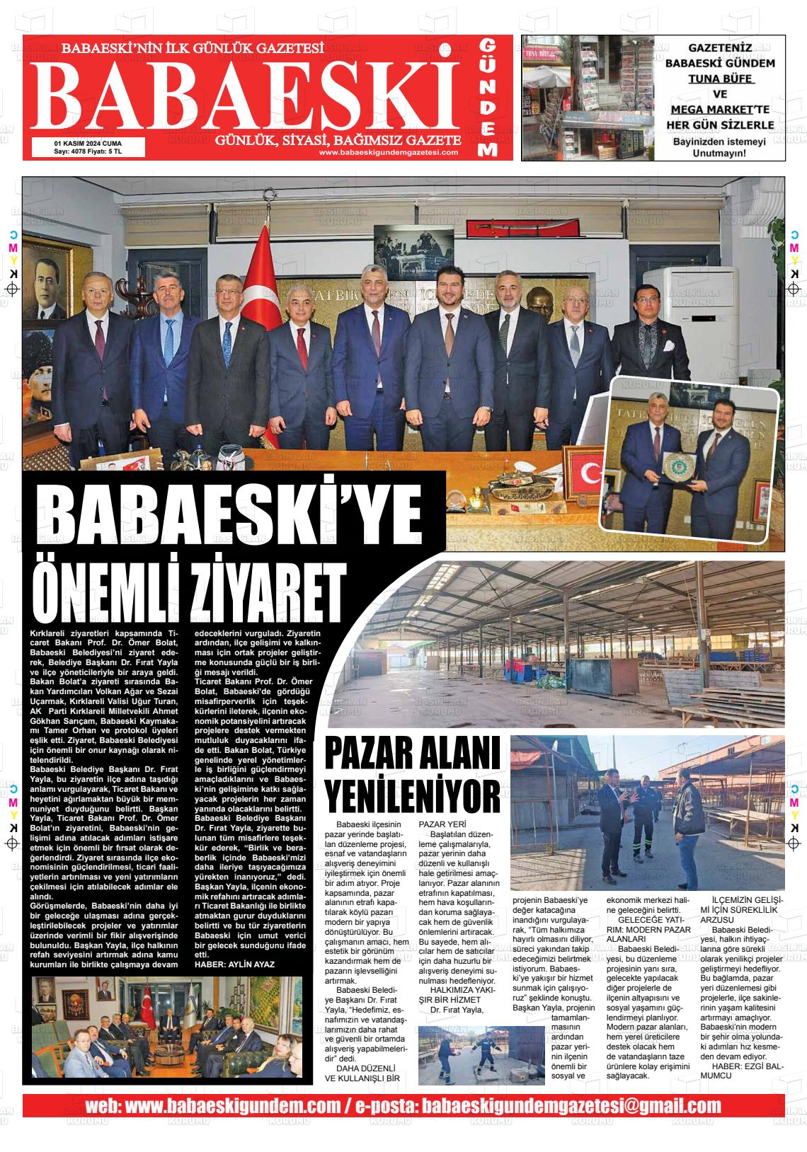 01 Kasım 2024 Babaeski Gündem Gazete Manşeti