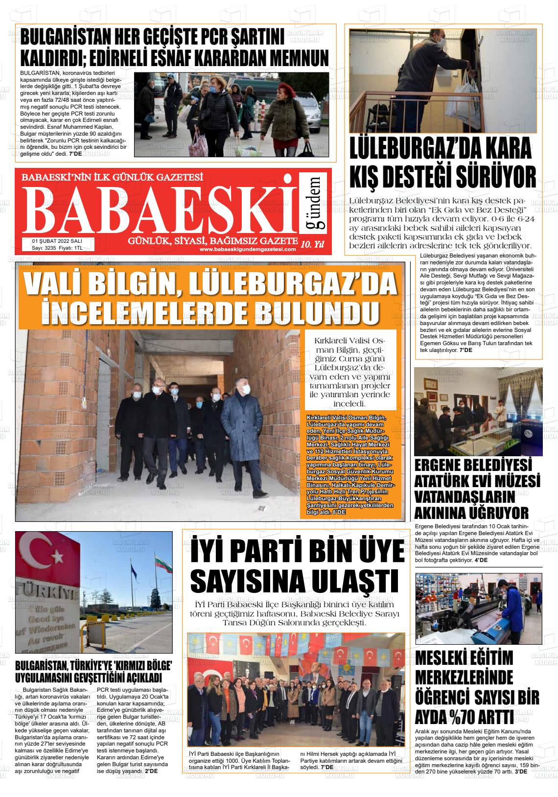 01 Şubat 2022 Babaeski Gündem Gazete Manşeti