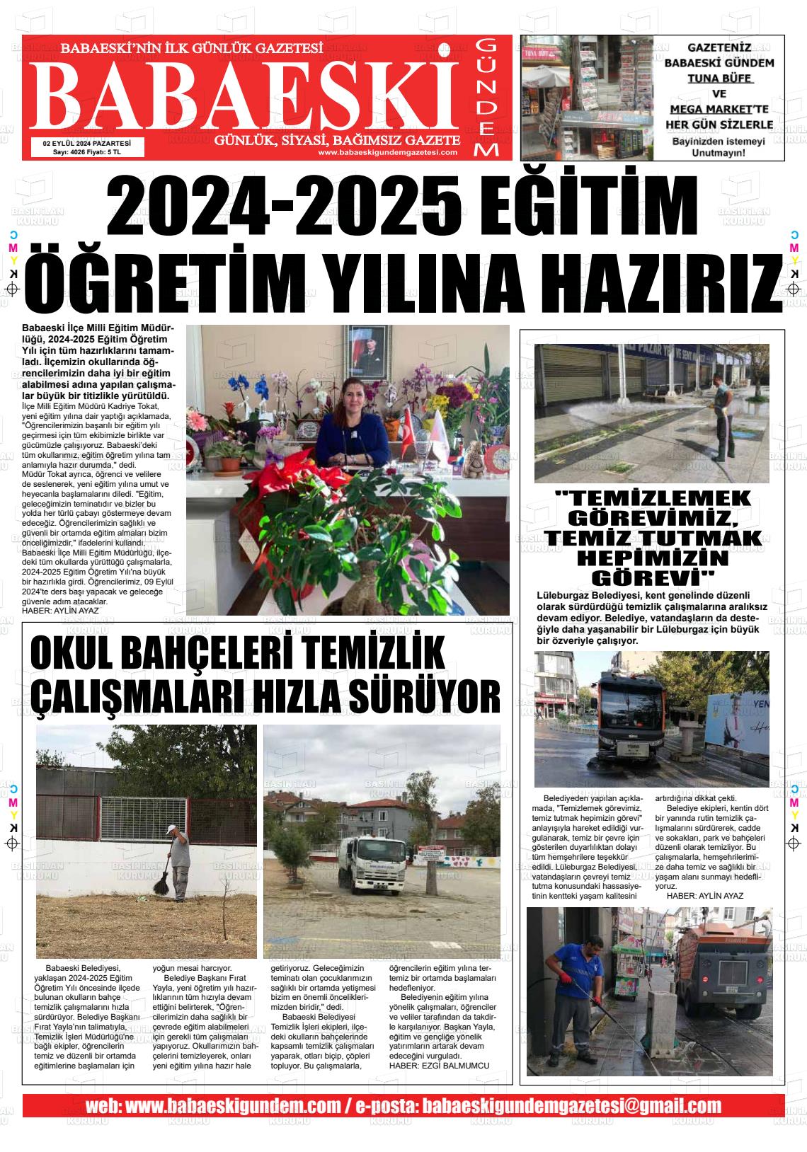 02 Eylül 2024 Babaeski Gündem Gazete Manşeti