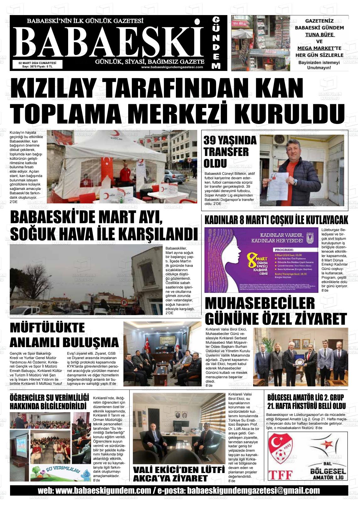 02 Mart 2024 Babaeski Gündem Gazete Manşeti