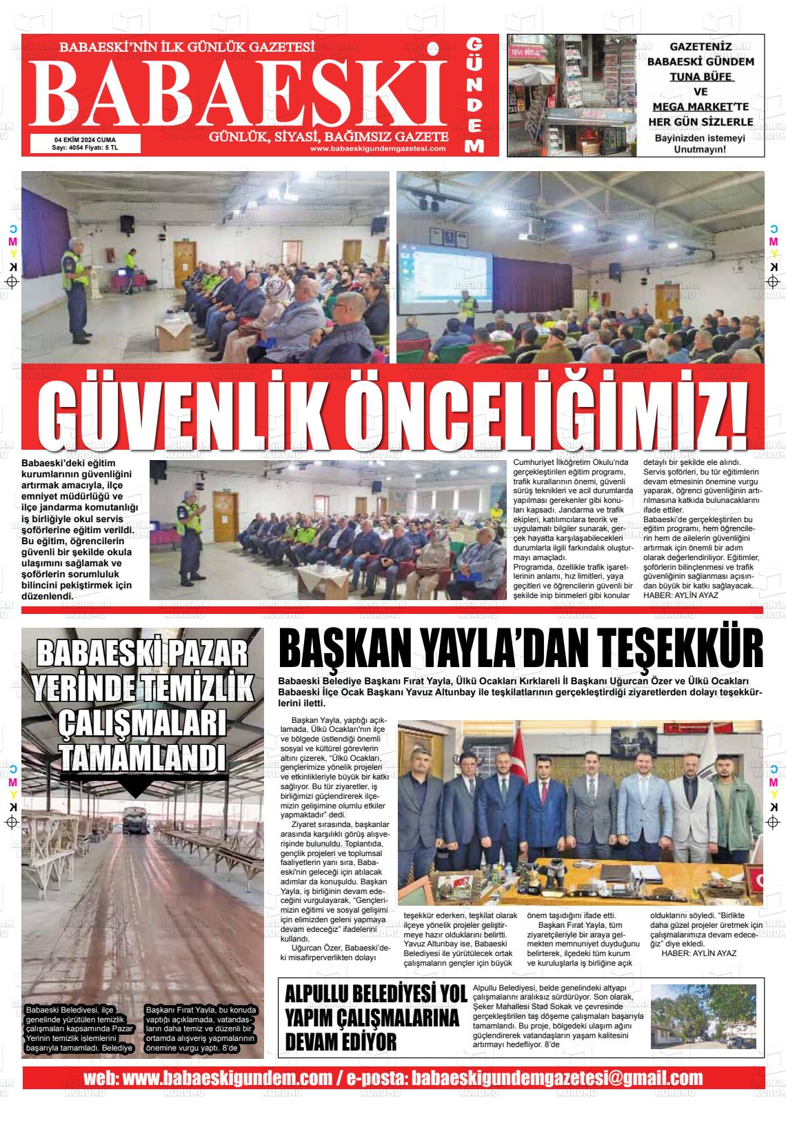 04 Ekim 2024 Babaeski Gündem Gazete Manşeti