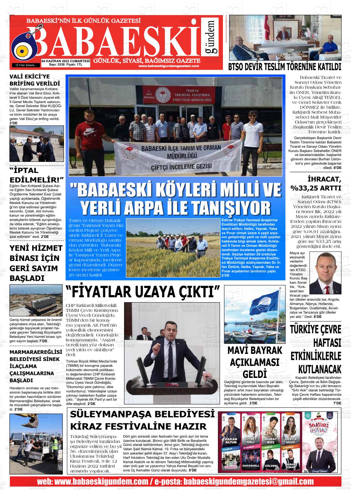 04 Haziran 2022 Babaeski Gündem Gazete Manşeti