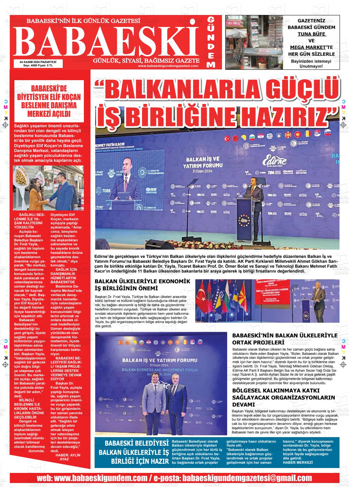 04 Kasım 2024 Babaeski Gündem Gazete Manşeti