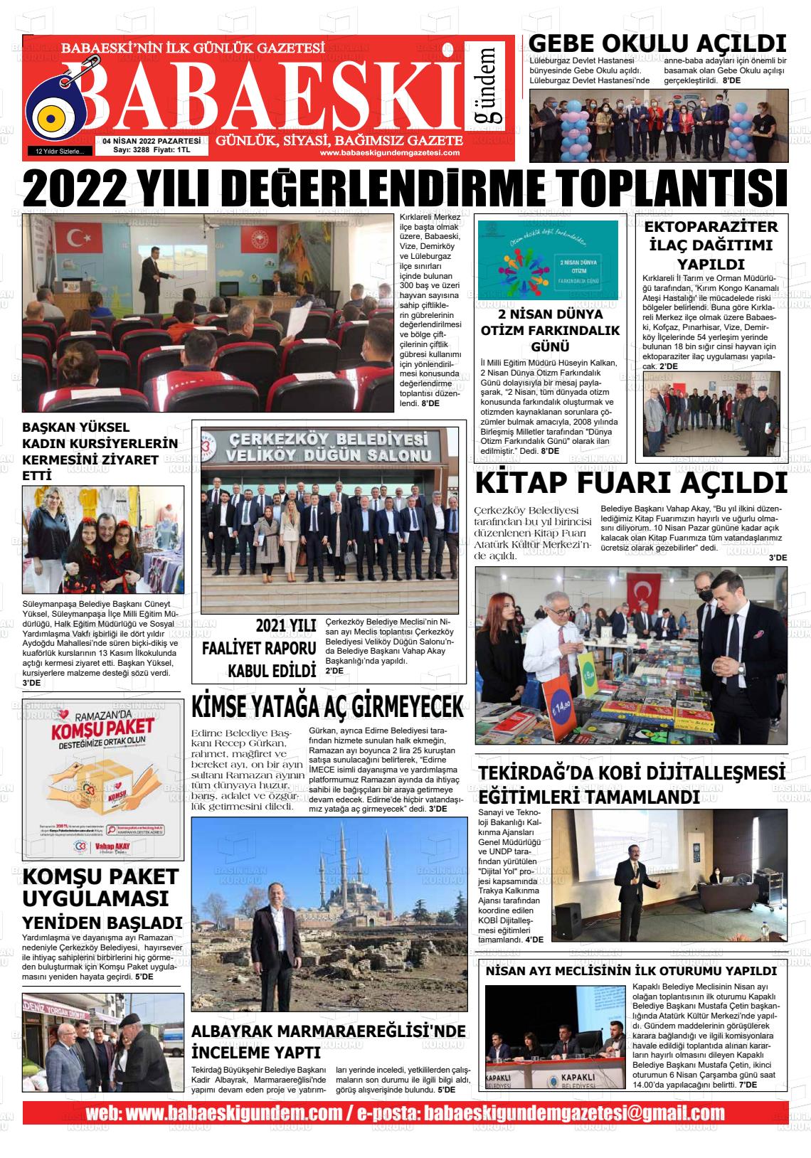 04 Nisan 2022 Babaeski Gündem Gazete Manşeti