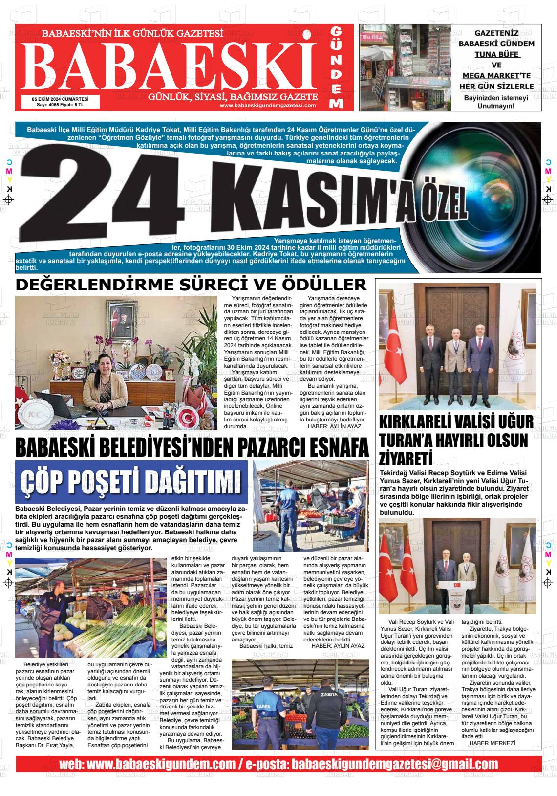 05 Ekim 2024 Babaeski Gündem Gazete Manşeti