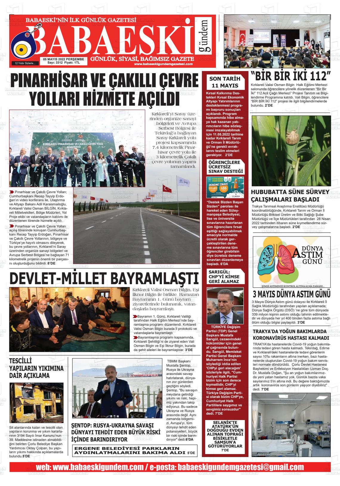 05 Mayıs 2022 Babaeski Gündem Gazete Manşeti