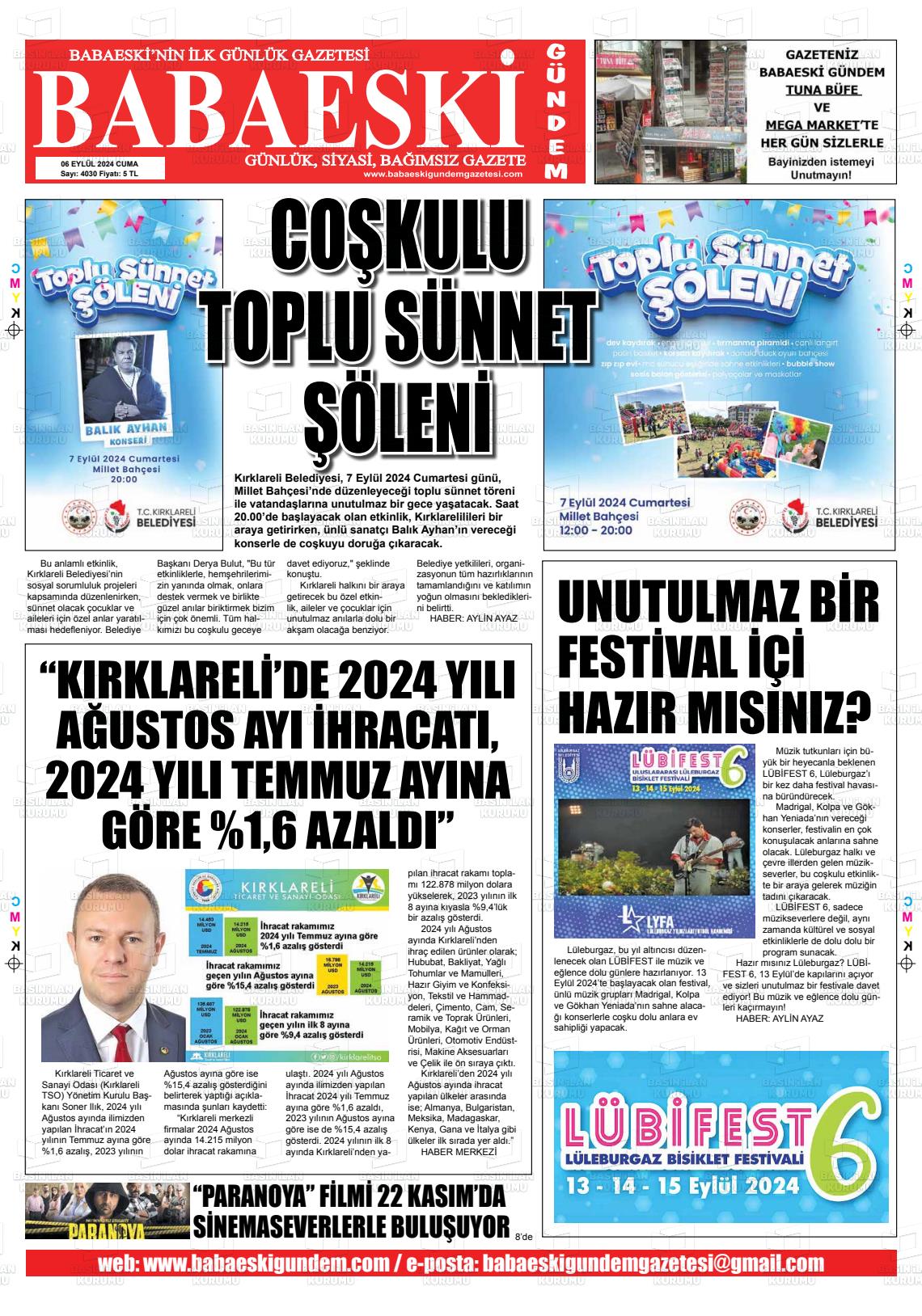 06 Eylül 2024 Babaeski Gündem Gazete Manşeti