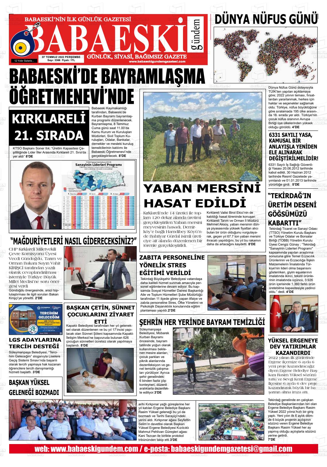 07 Temmuz 2022 Babaeski Gündem Gazete Manşeti