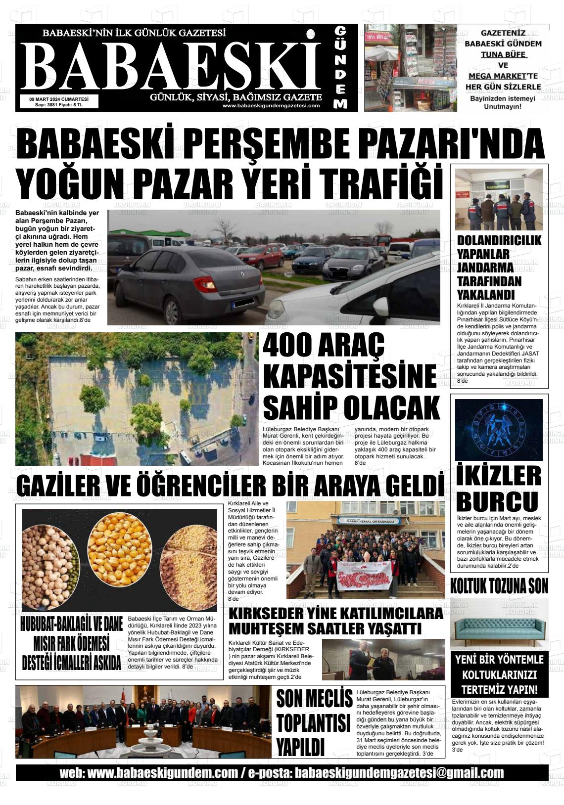 09 Mart 2024 Babaeski Gündem Gazete Manşeti