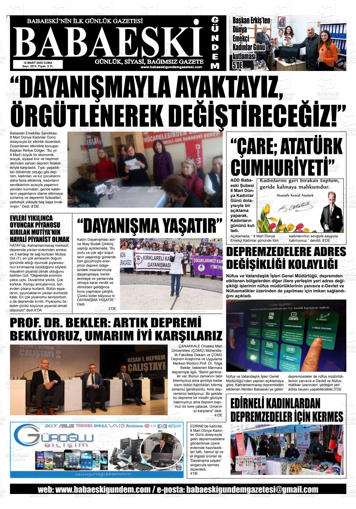 10 Mart 2023 Babaeski Gündem Gazete Manşeti