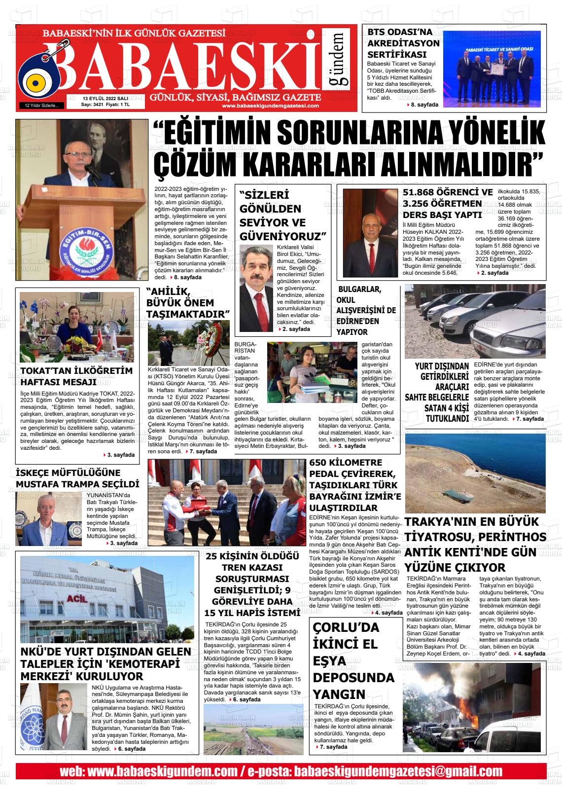 13 Eylül 2022 Babaeski Gündem Gazete Manşeti