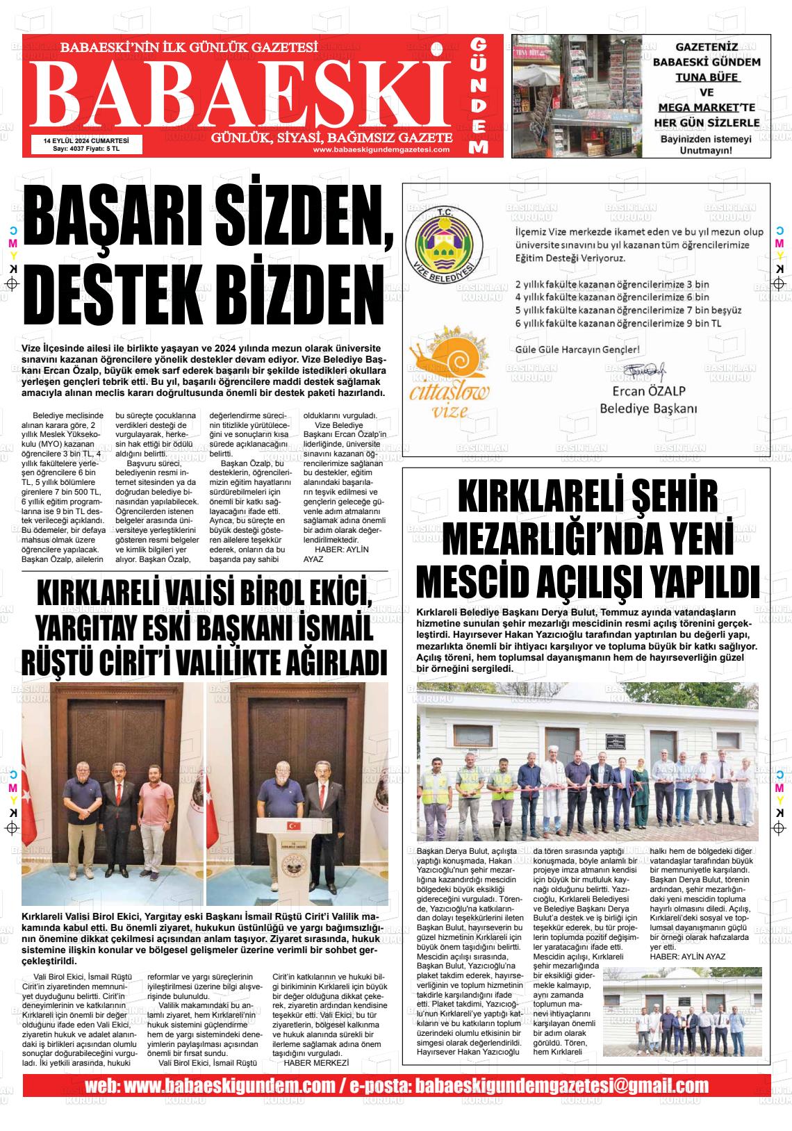 14 Eylül 2024 Babaeski Gündem Gazete Manşeti