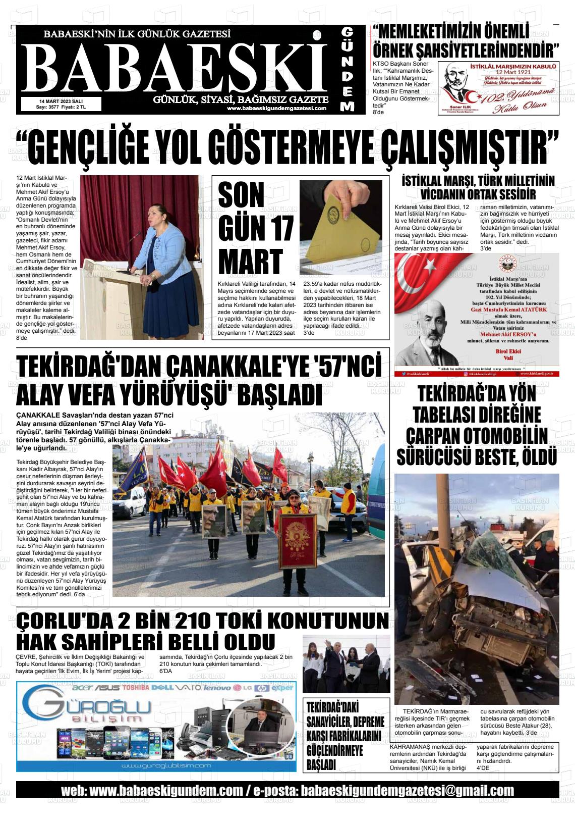 14 Mart 2023 Babaeski Gündem Gazete Manşeti