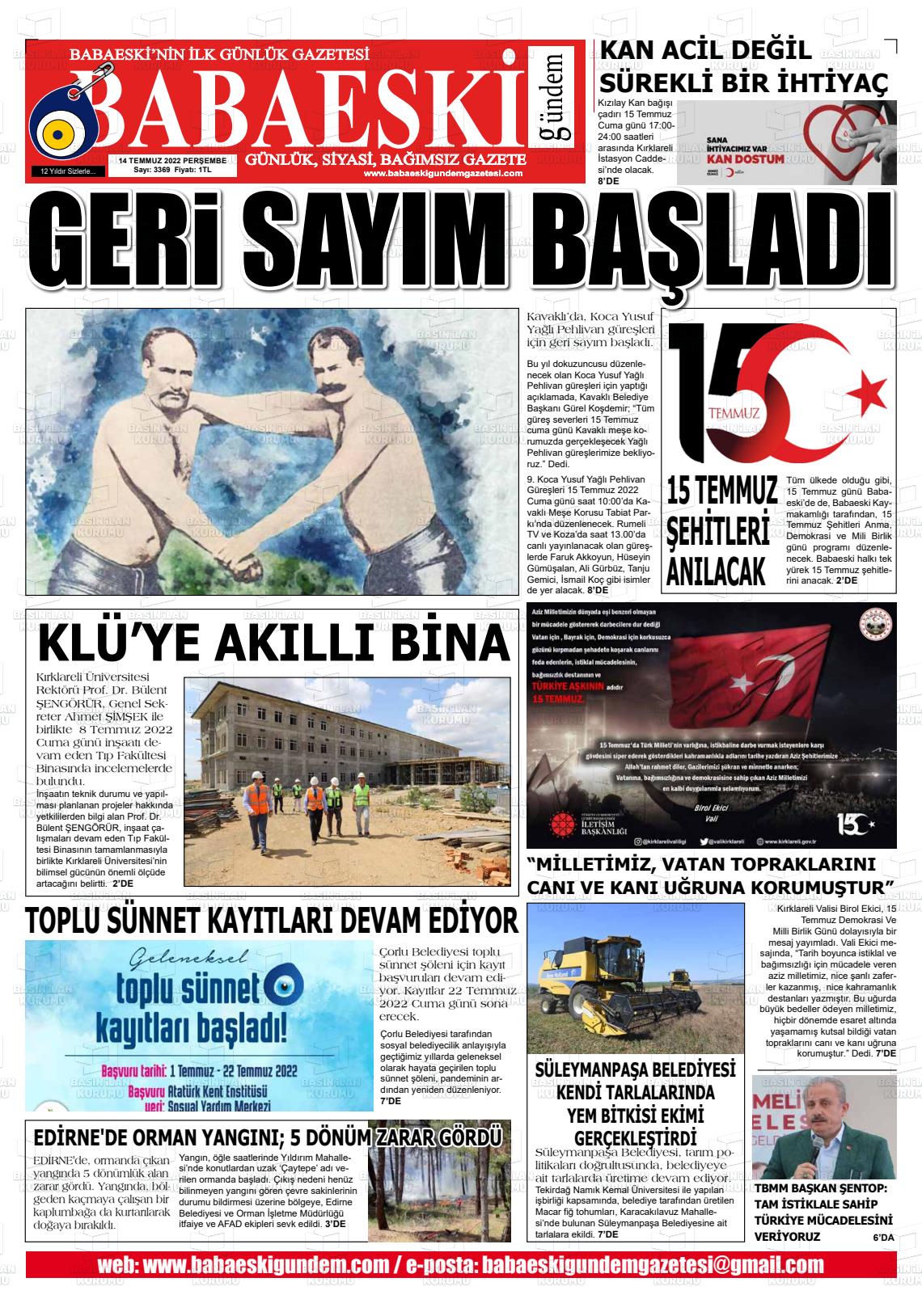 14 Temmuz 2022 Babaeski Gündem Gazete Manşeti