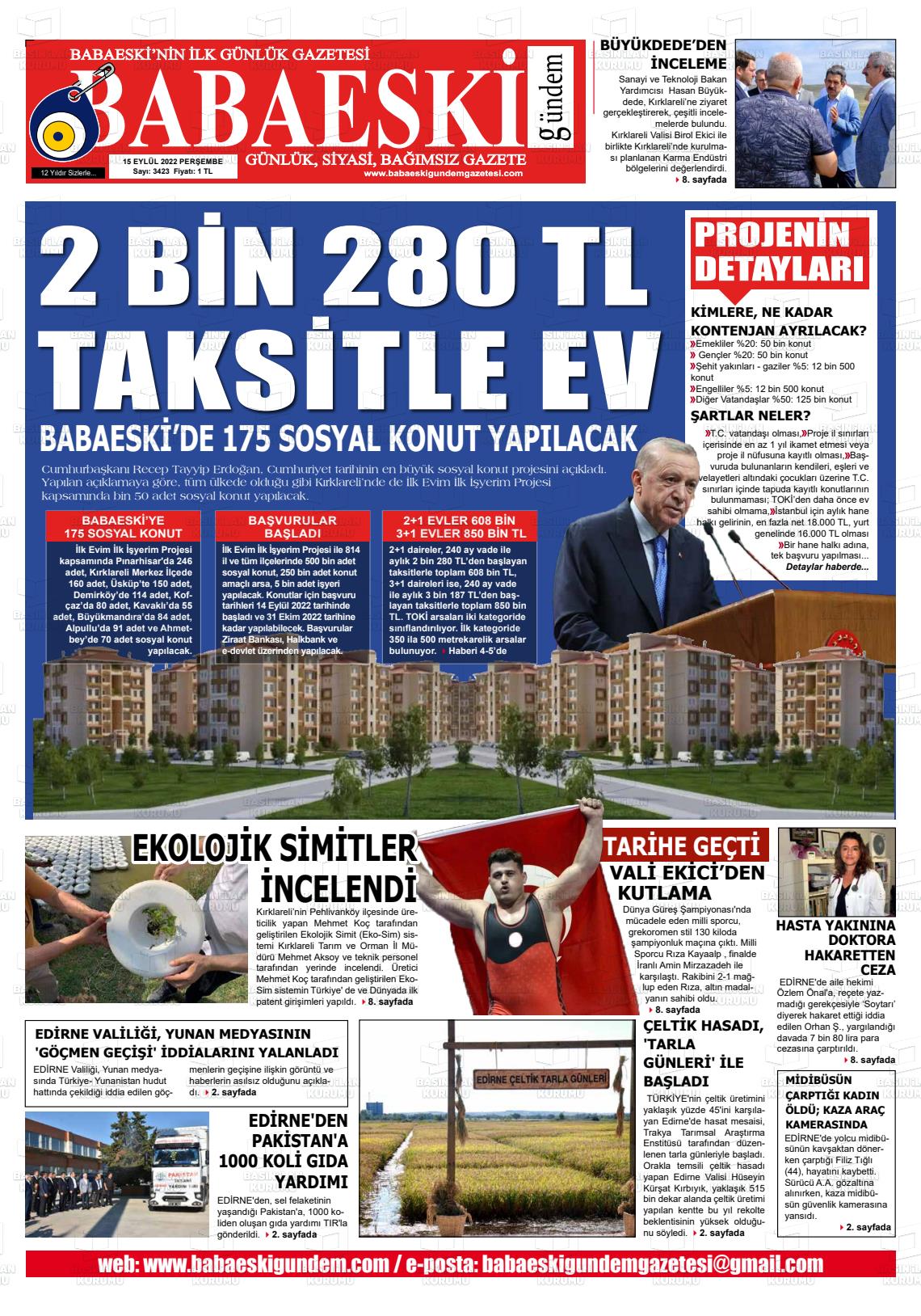 15 Eylül 2022 Babaeski Gündem Gazete Manşeti