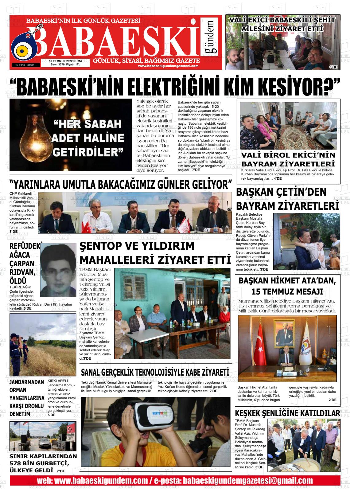 15 Temmuz 2022 Babaeski Gündem Gazete Manşeti