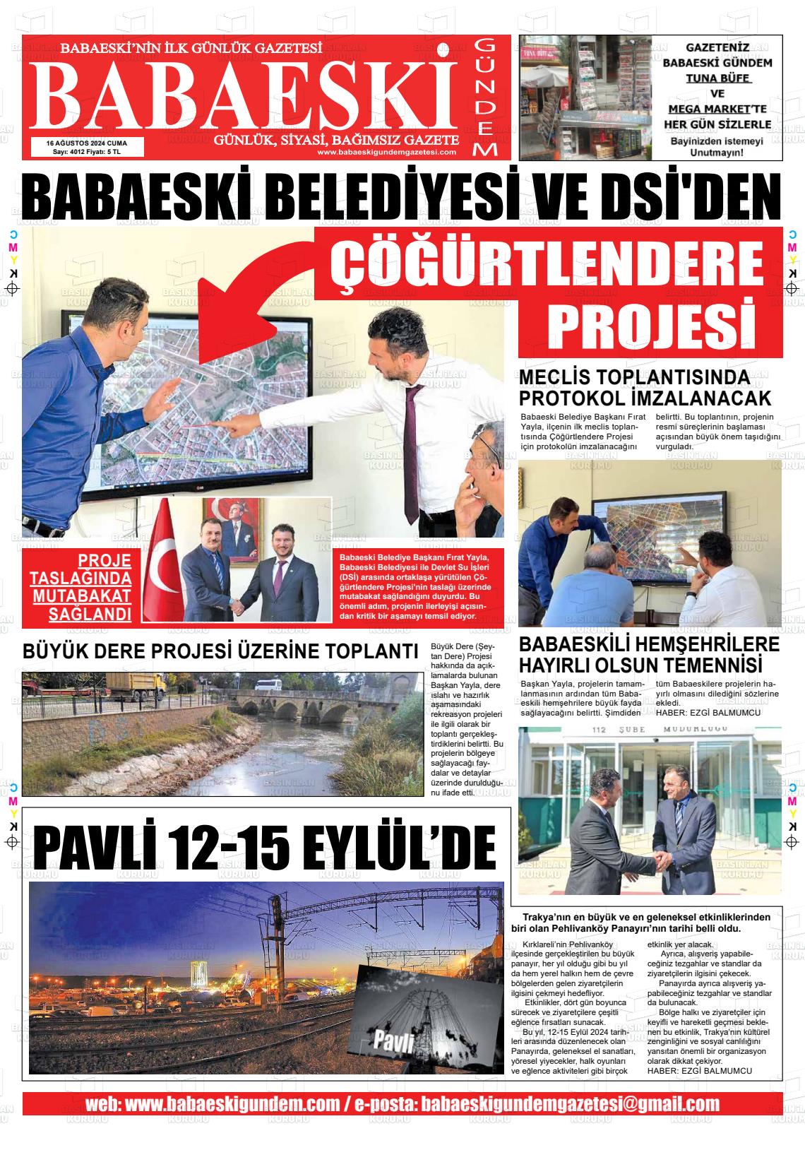 16 Ağustos 2024 Babaeski Gündem Gazete Manşeti