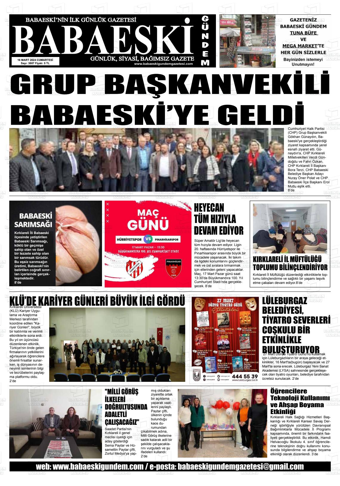 16 Mart 2024 Babaeski Gündem Gazete Manşeti