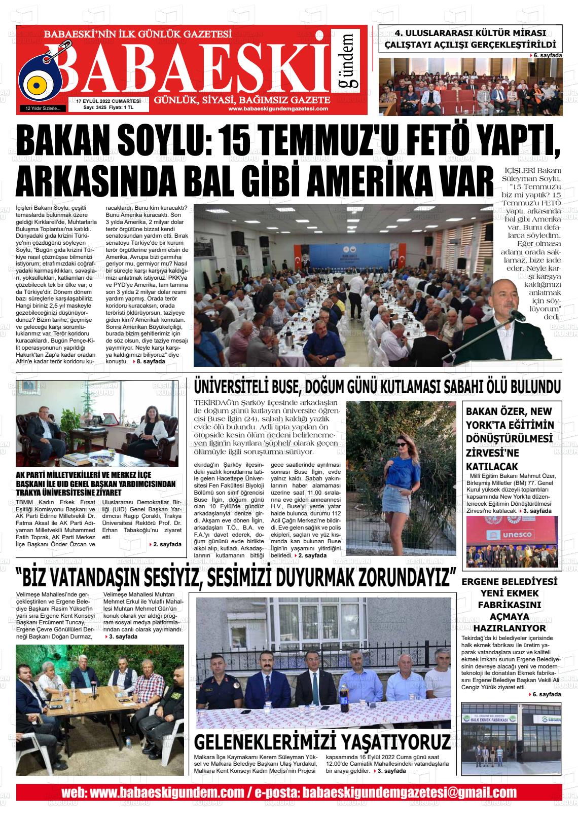 17 Eylül 2022 Babaeski Gündem Gazete Manşeti