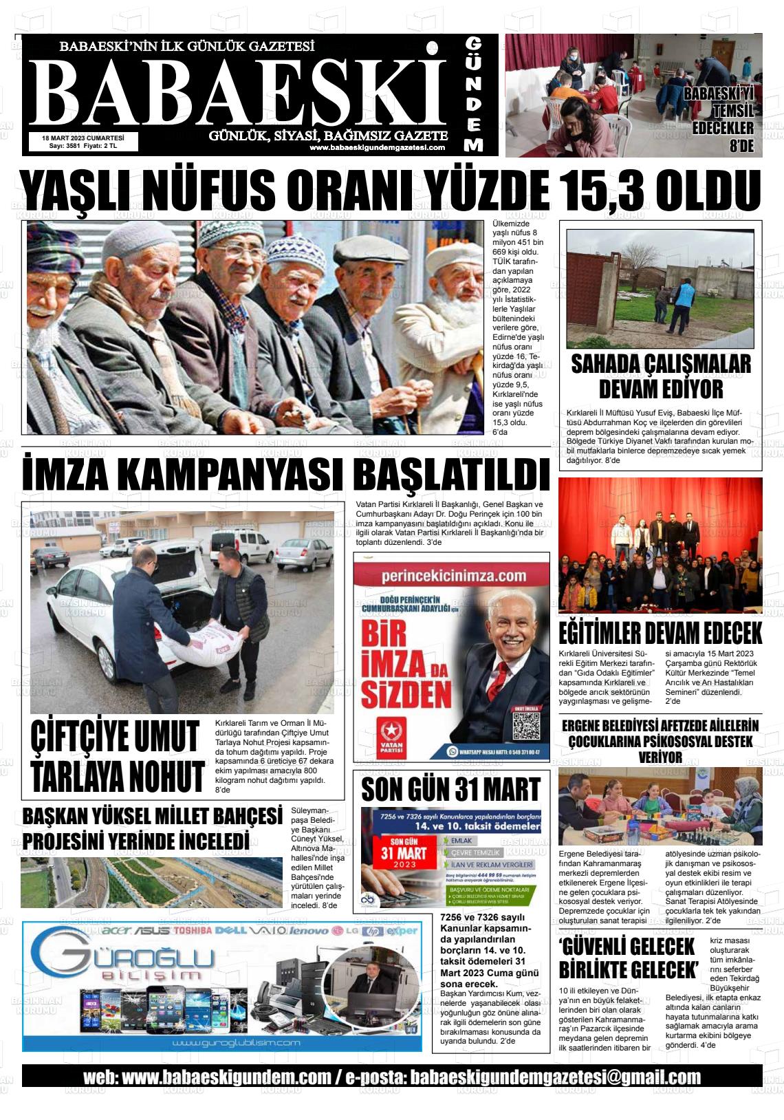 18 Mart 2023 Babaeski Gündem Gazete Manşeti