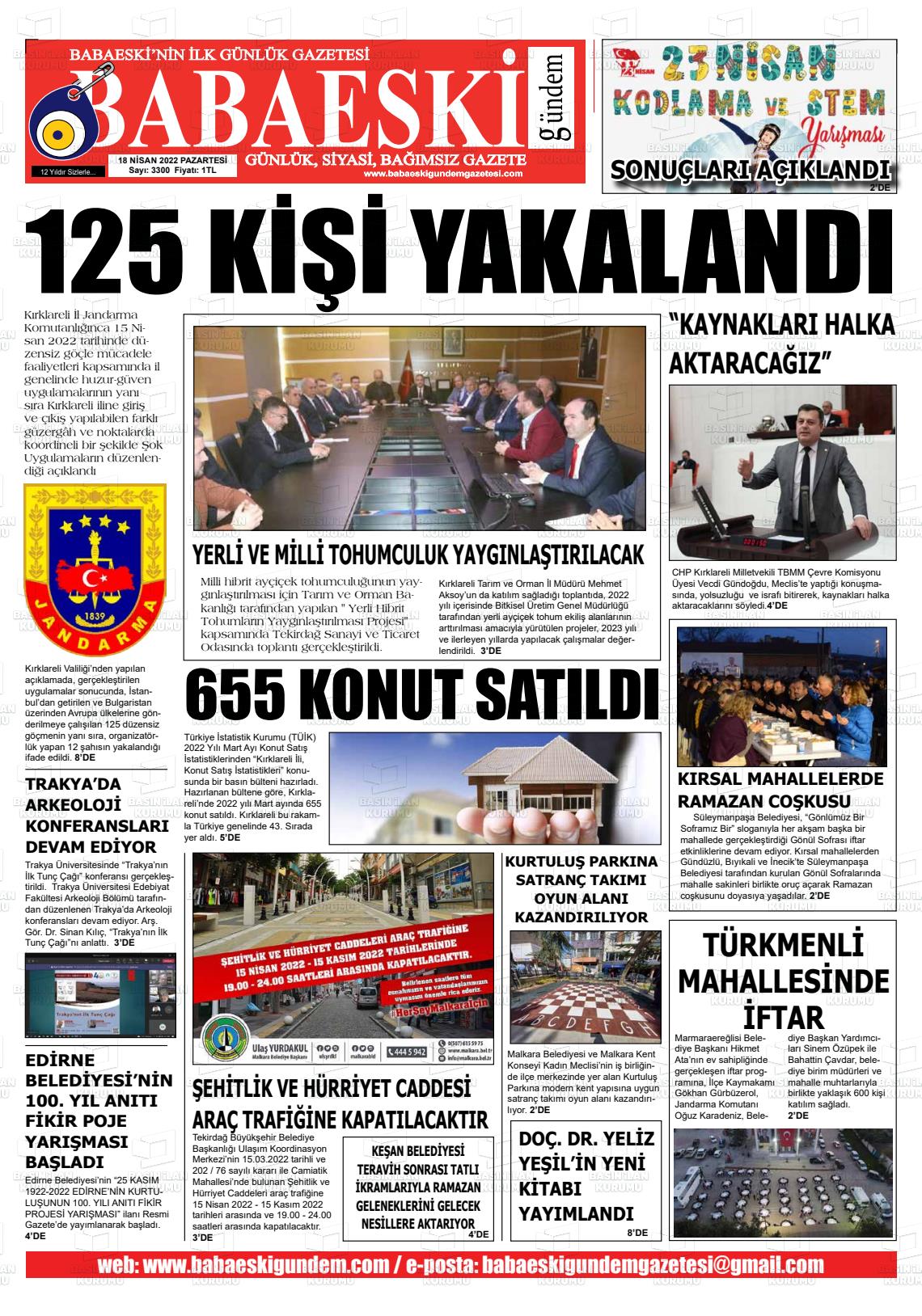 18 Nisan 2022 Babaeski Gündem Gazete Manşeti