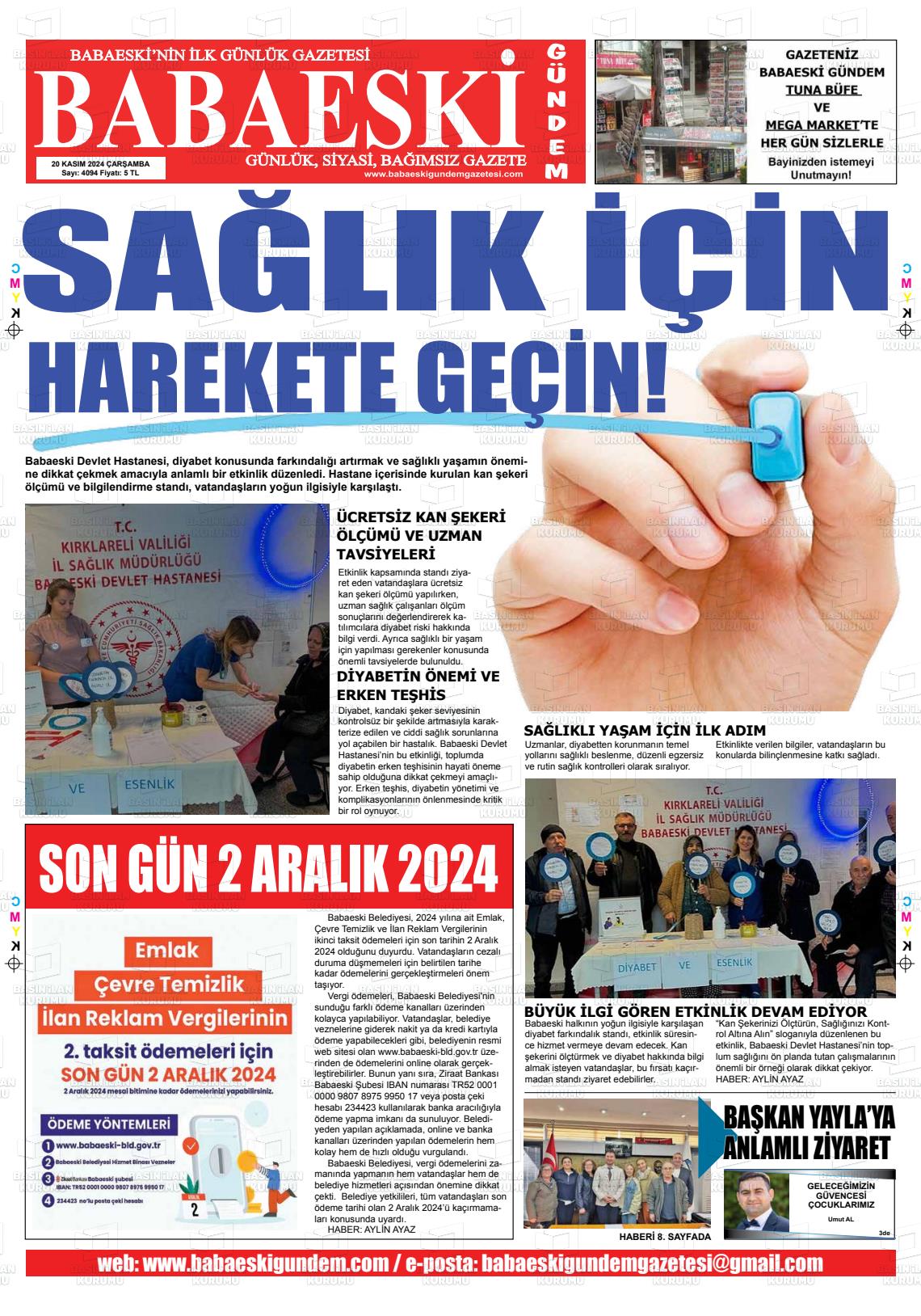 20 Kasım 2024 Babaeski Gündem Gazete Manşeti