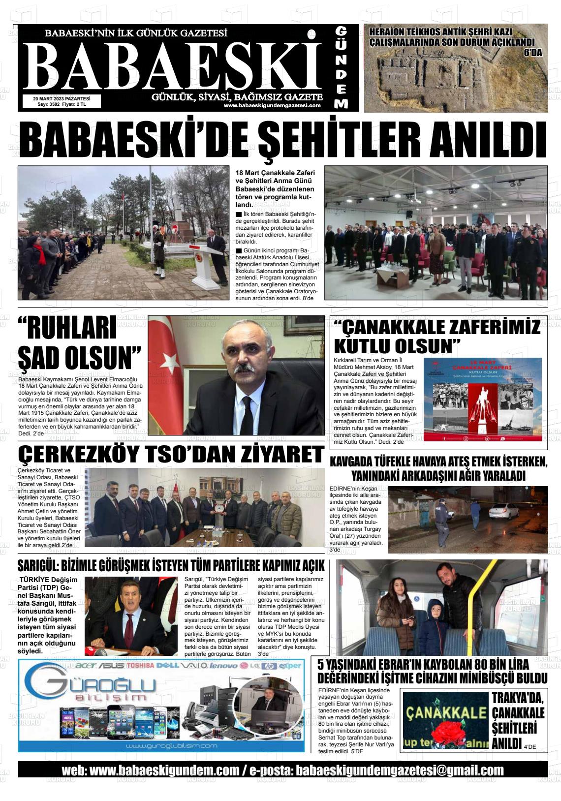 20 Mart 2023 Babaeski Gündem Gazete Manşeti