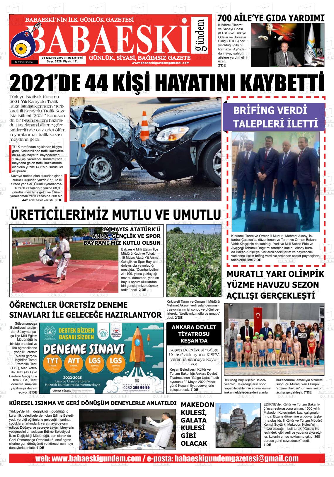 21 Mayıs 2022 Babaeski Gündem Gazete Manşeti