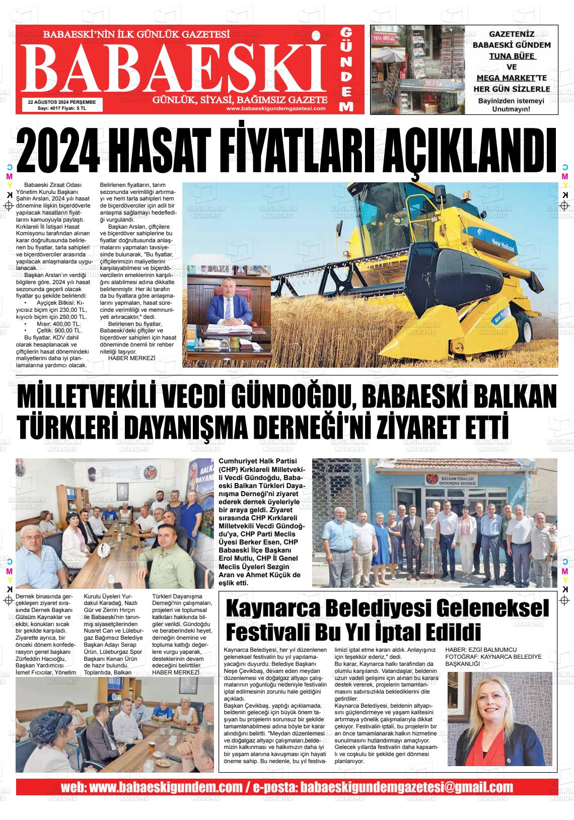 22 Ağustos 2024 Babaeski Gündem Gazete Manşeti