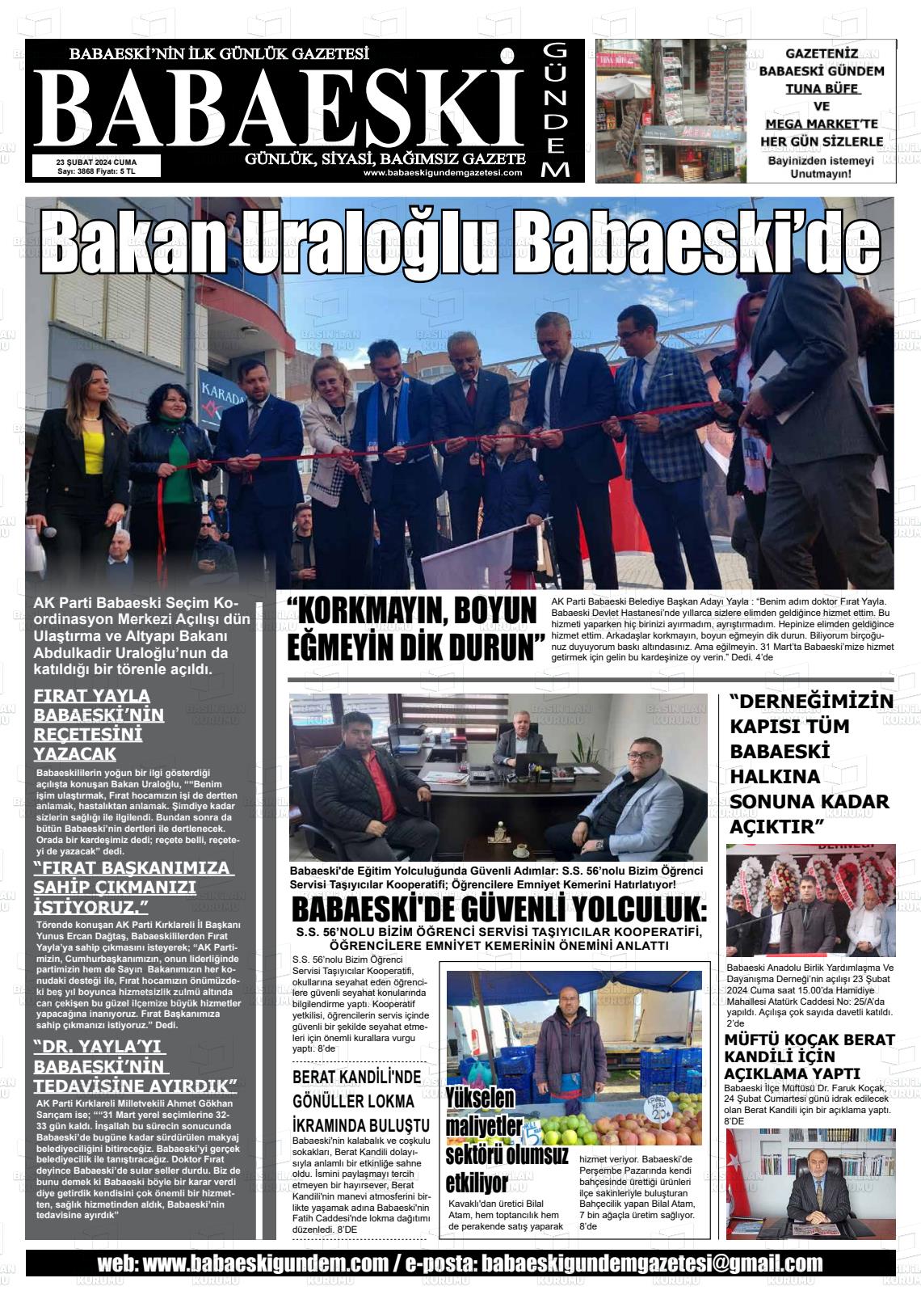 24 Şubat 2024 Babaeski Gündem Gazete Manşeti