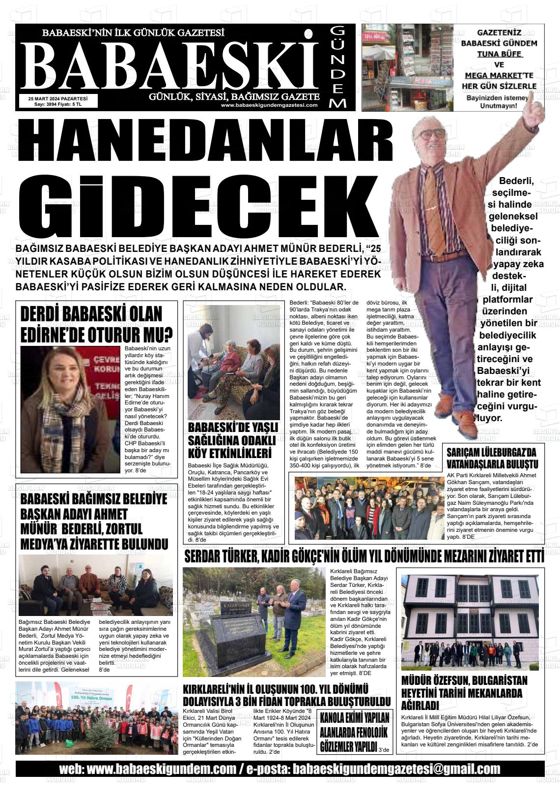 25 Mart 2024 Babaeski Gündem Gazete Manşeti