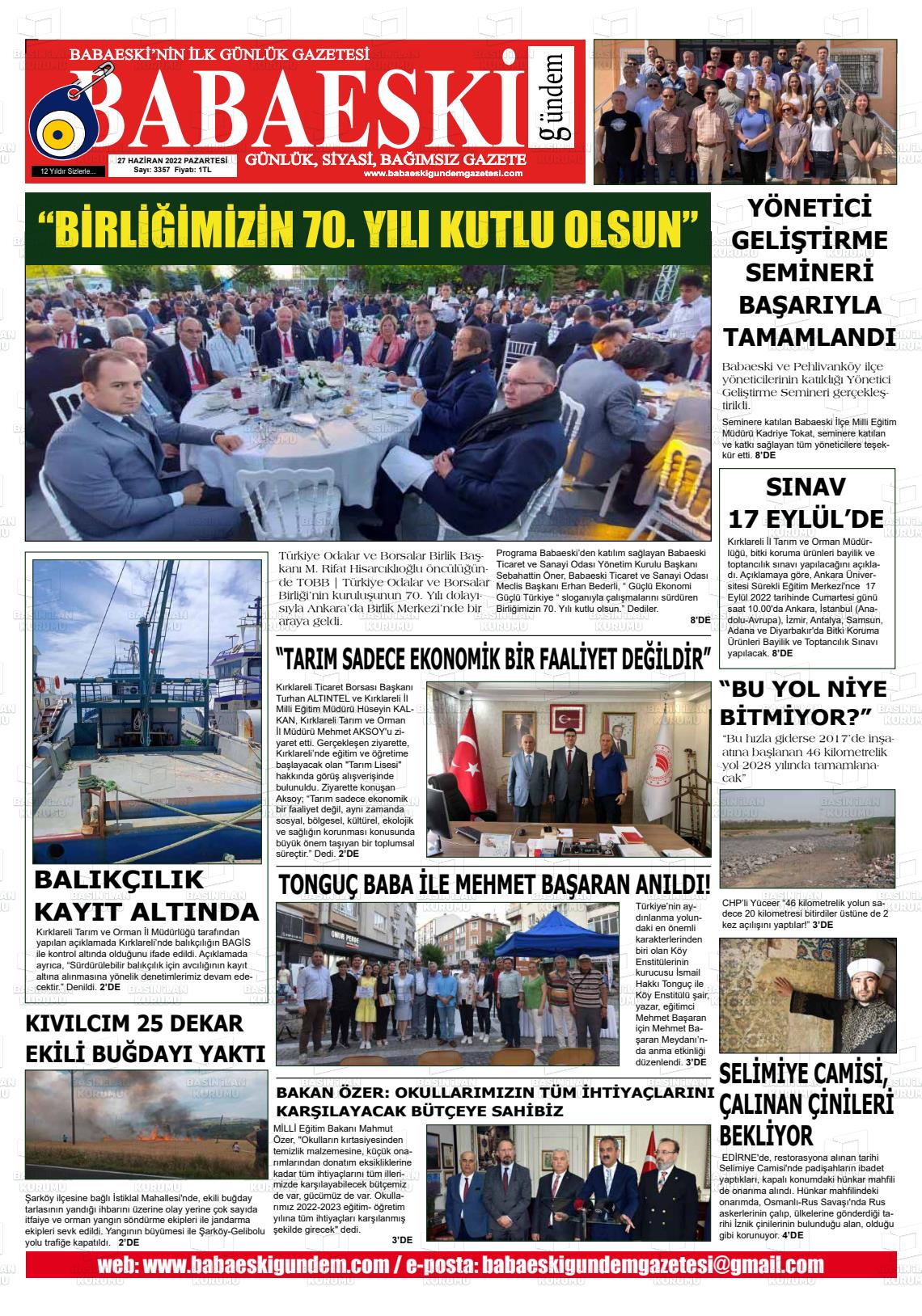 27 Haziran 2022 Babaeski Gündem Gazete Manşeti