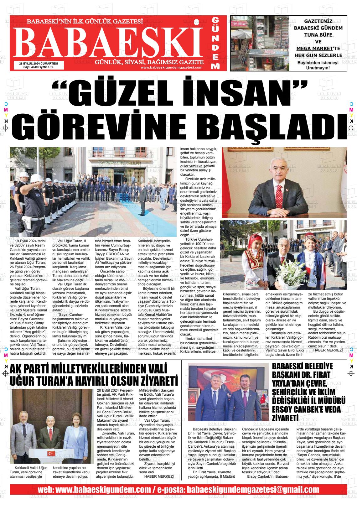 28 Eylül 2024 Babaeski Gündem Gazete Manşeti