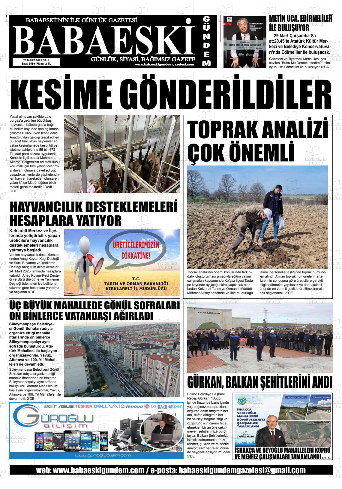 28 Mart 2023 Babaeski Gündem Gazete Manşeti