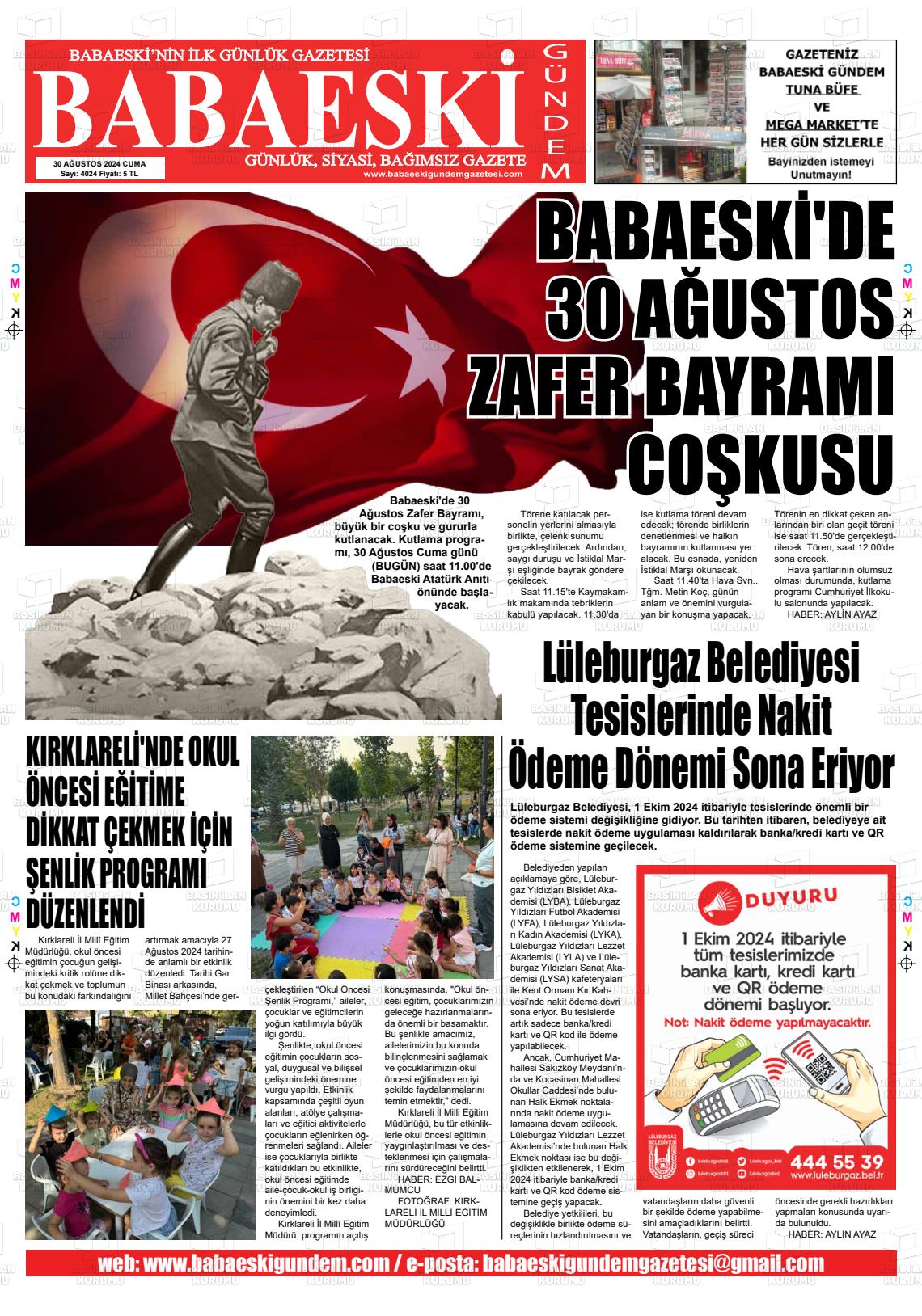 30 Ağustos 2024 Babaeski Gündem Gazete Manşeti