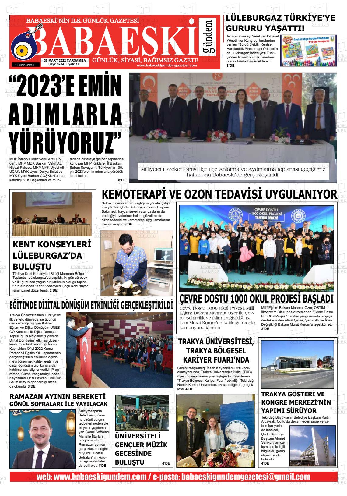 30 Mart 2022 Babaeski Gündem Gazete Manşeti