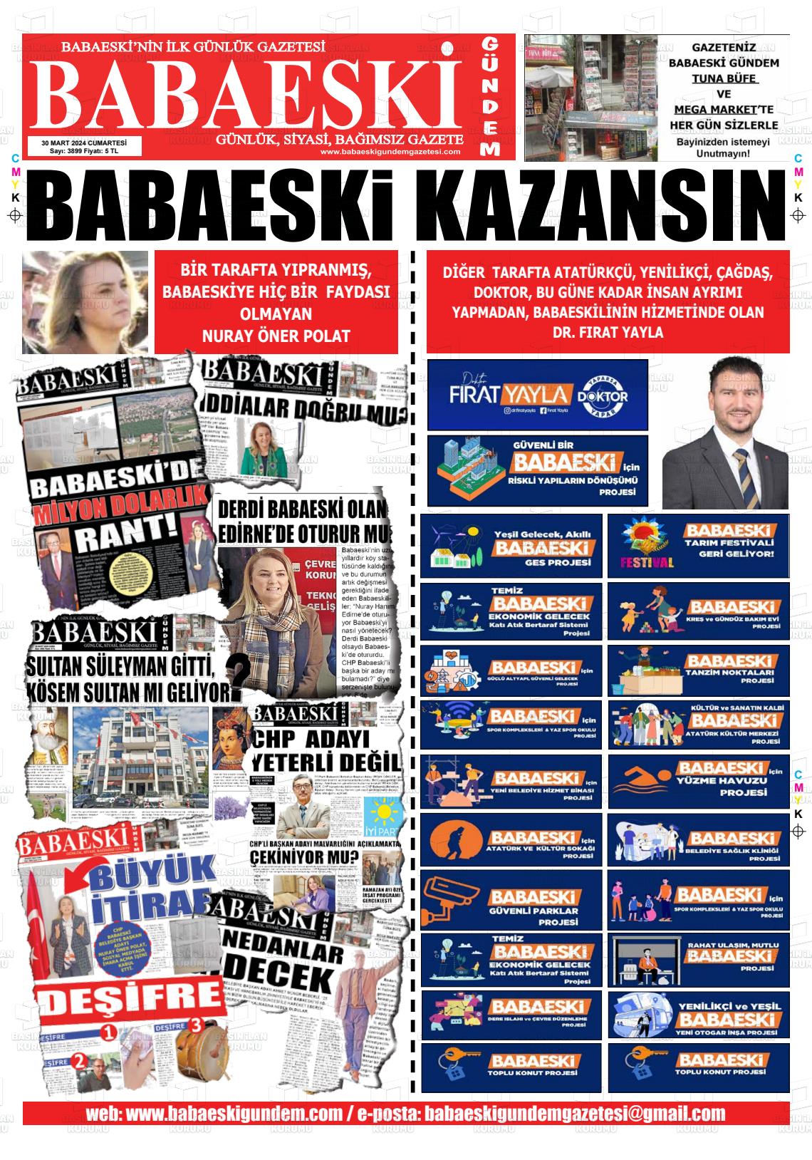 30 Mart 2024 Babaeski Gündem Gazete Manşeti