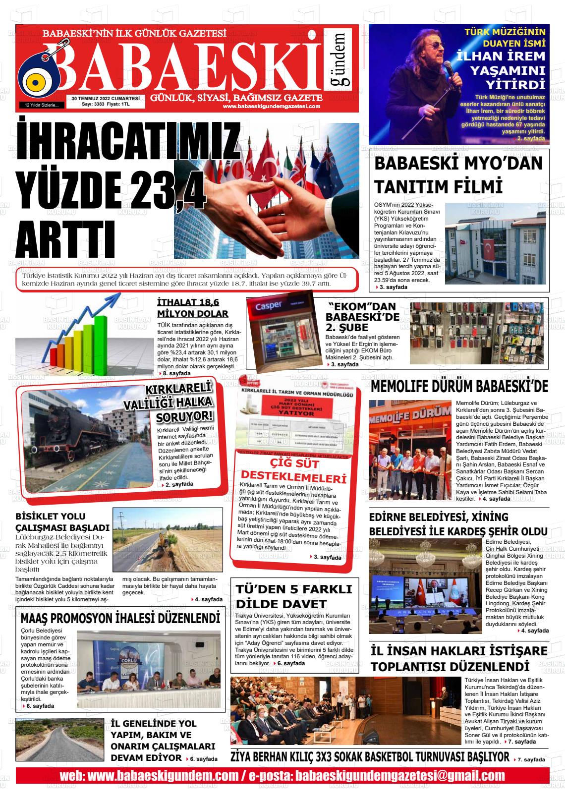 30 Temmuz 2022 Babaeski Gündem Gazete Manşeti