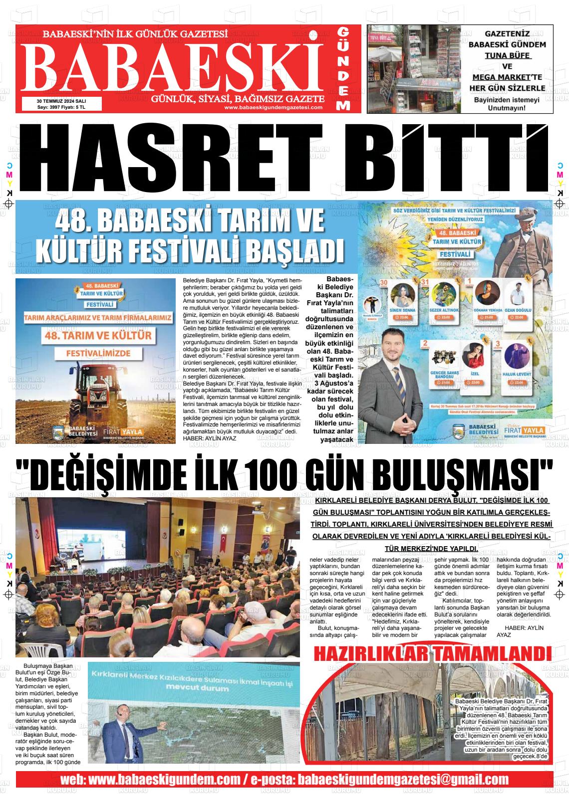 30 Temmuz 2024 Babaeski Gündem Gazete Manşeti