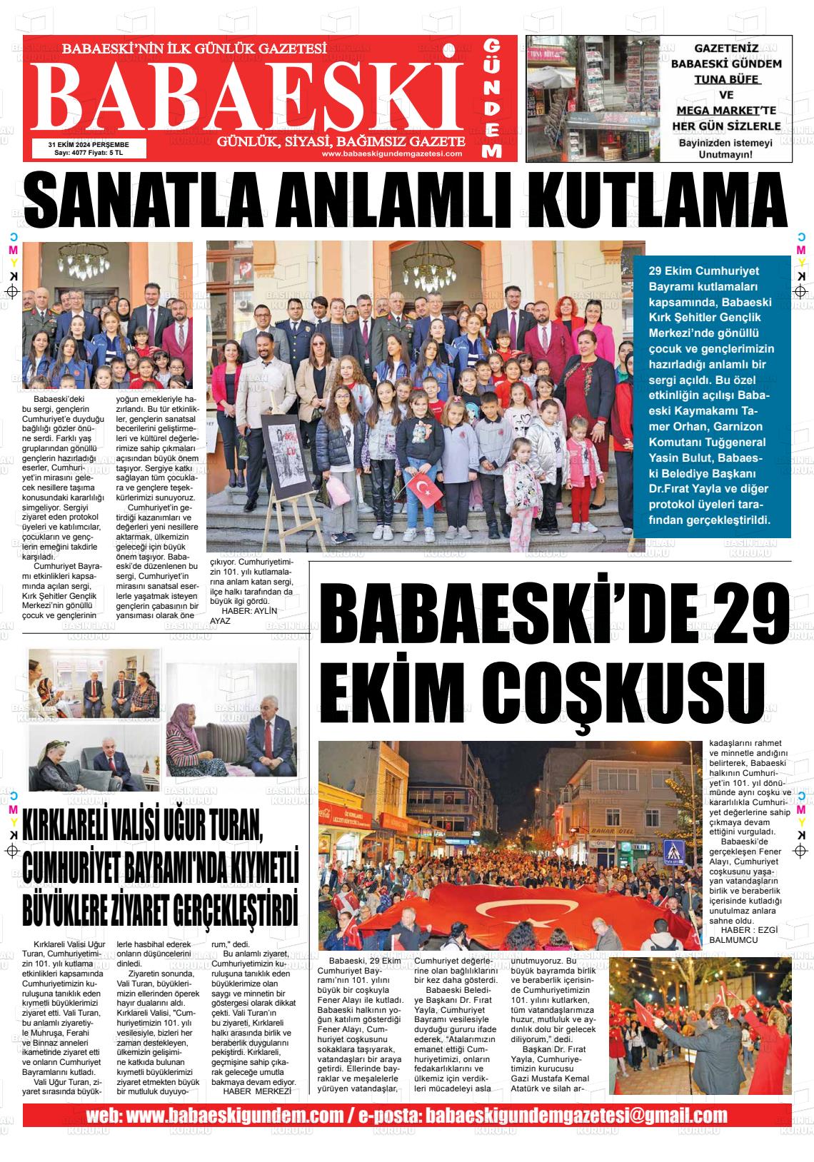 31 Ekim 2024 Babaeski Gündem Gazete Manşeti