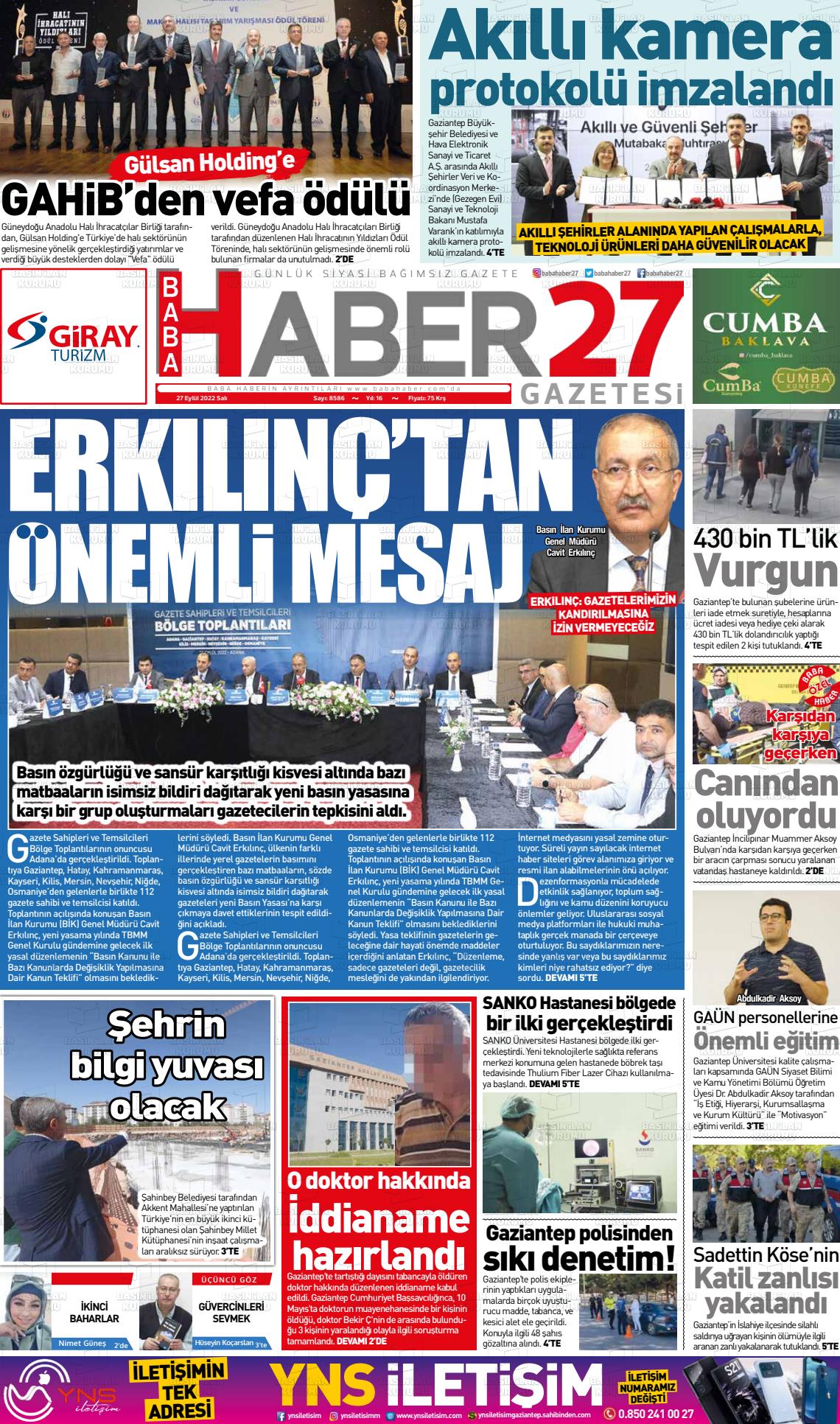 27 Eylül 2022 Baba Haber Gazete Manşeti