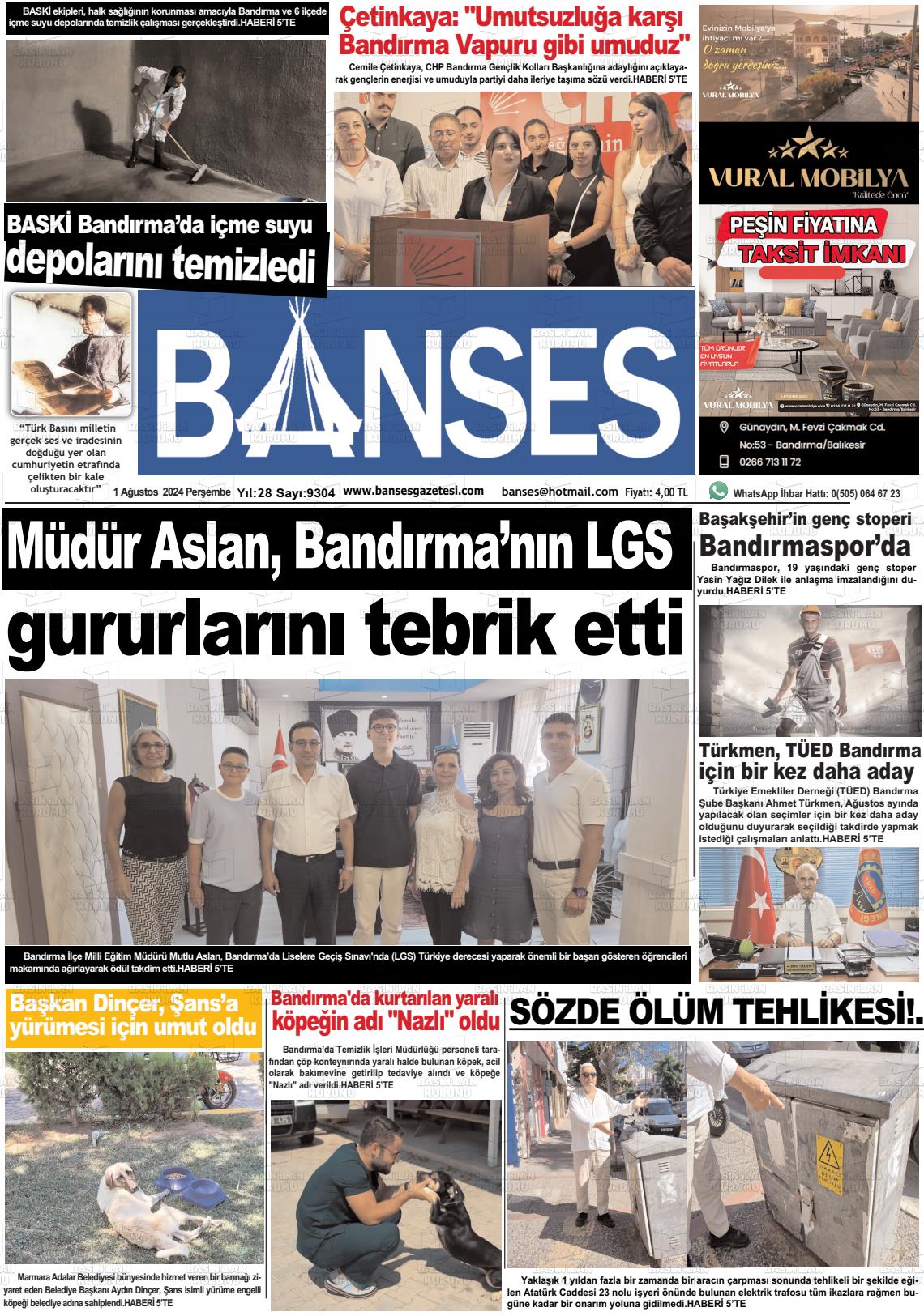 01 Ağustos 2024 Banses Gazete Manşeti