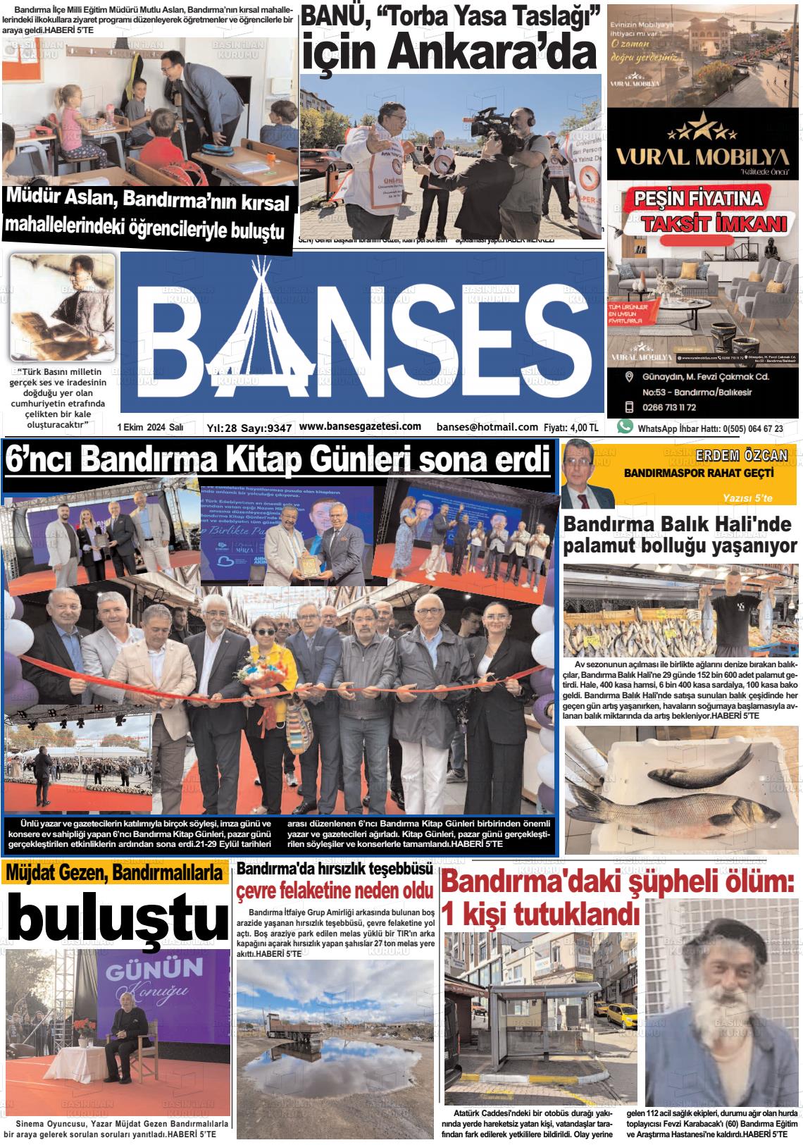 01 Ekim 2024 Banses Gazete Manşeti