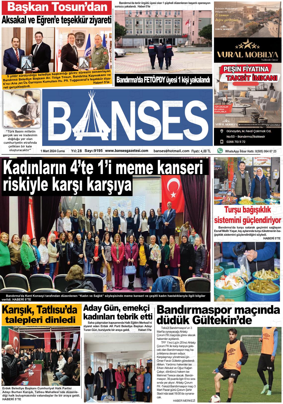 01 Mart 2024 Banses Gazete Manşeti